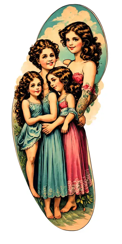 father and three daughters showing the passage of time to time tattoo design idea