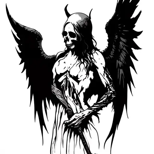 dark angel of death tattoo, imagine a shadowy figure with large, tattered wings, maybe holding a scythe, with a skull or tattoo design idea