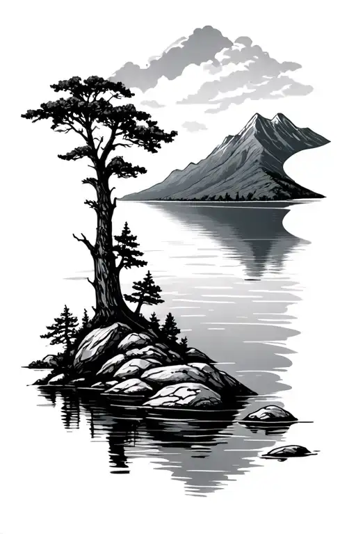 a landscape scene of lake windermere in the lake district with mountains and water and trees. tattoo design idea