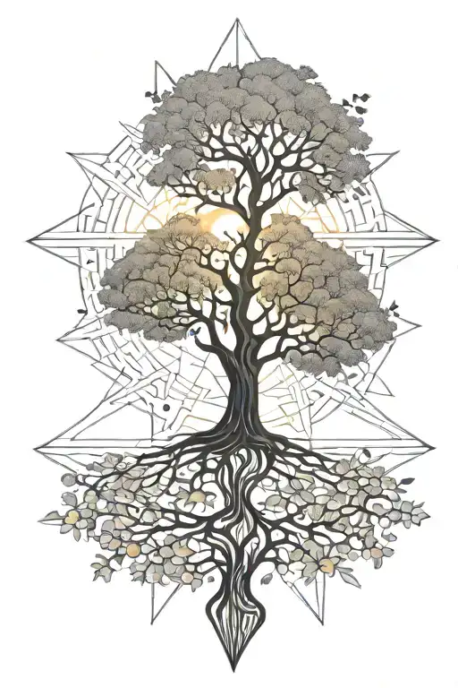 Sun, oak tree growing, missing puzzle pieces, footsteps, flying marguerite petals tattoo design idea