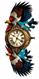 clock at 11:17 and 3 birds flying in the sky tattoo design idea