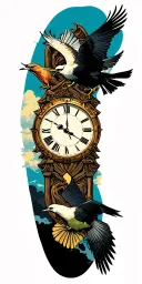 clock at 11:17 and 3 birds flying in the sky tattoo design idea