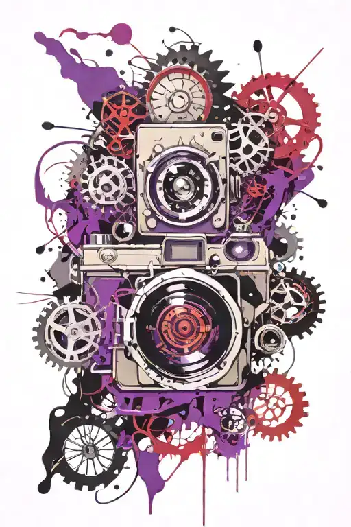 Camera purple timepiece gears intertwined tattoo design idea