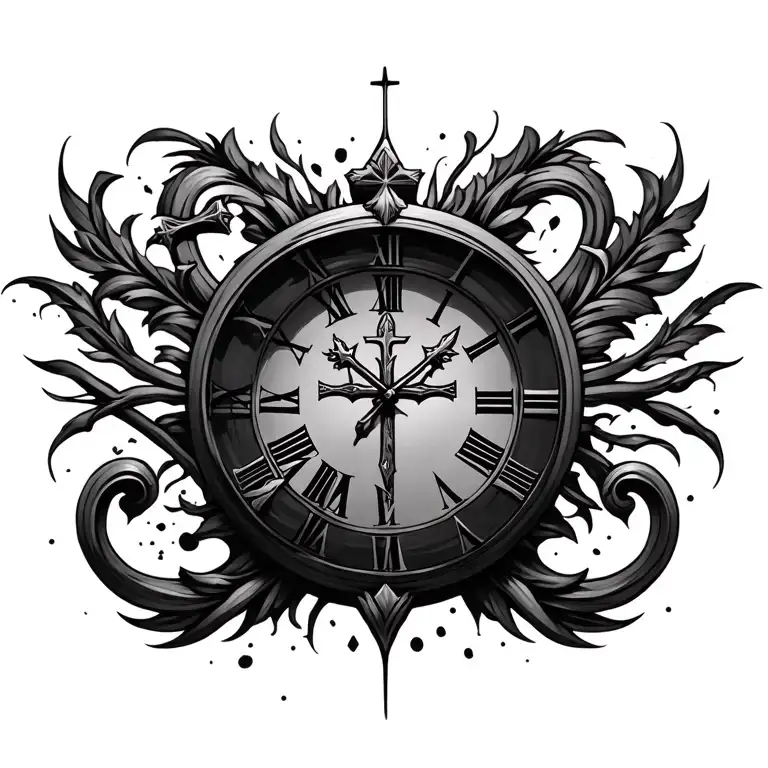 Christian Cross and clock tattoo design idea