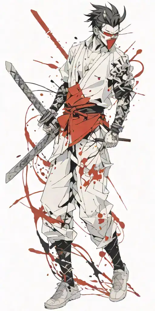male anime character wearing oni mask holding swords fighting off inner demons  tattoo design idea