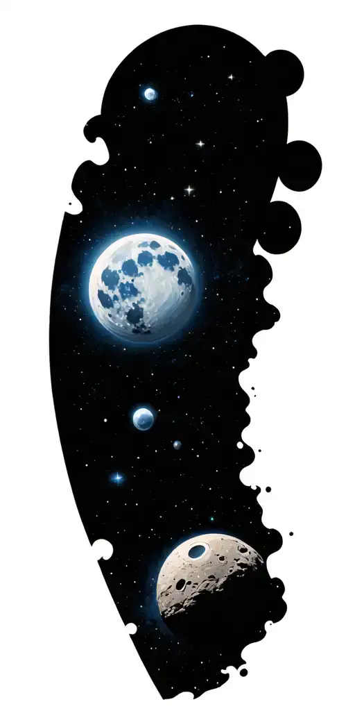 Space, galaxies, planet, moon, asteroid, sun, stars, spaceship tattoo design idea