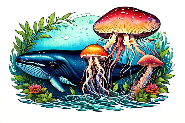 deer whale jellyfish mushroom tattoo design idea