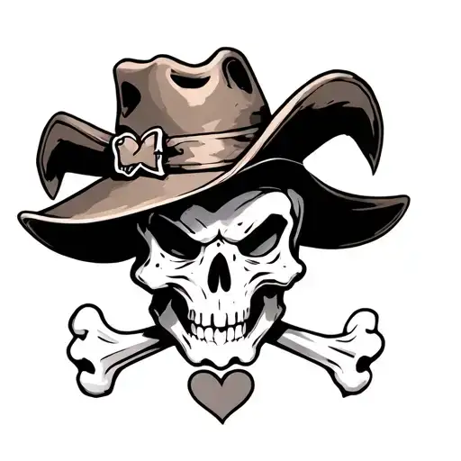 cubone pokemon skull wearing a cowbow hat with a crossbones and a heart at the intersection of the bones. tattoo design idea