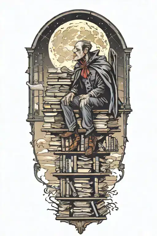 A vampire sitting atop of books. Full moon outside window. Bats flying and hanging. tattoo design idea