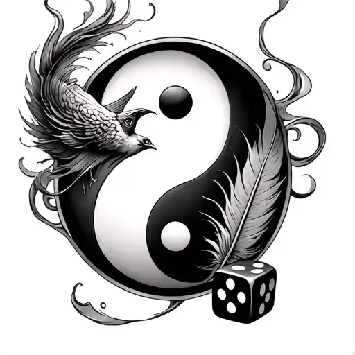 a realistic tattoo with smoke swirling and yin and yang also with a birds feather and two dice also withEcclesiastes 7:8 tattoo design idea