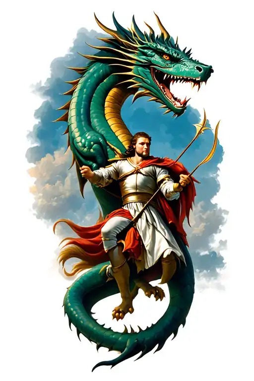 St. George killing the dragon with Sagittarius arrow tattoo design idea