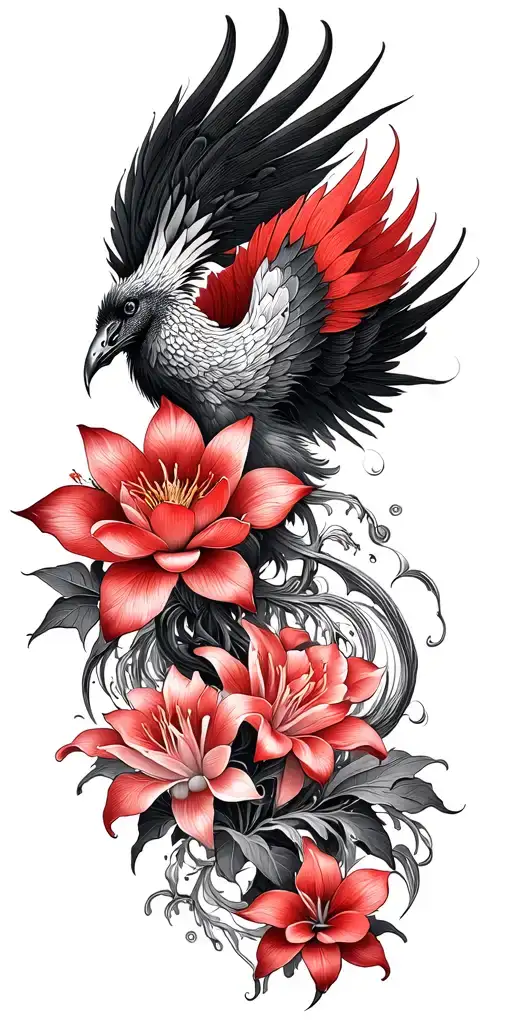 multiple fine line lotus and red Lilly flowers and phoenix intertwined  tattoo design idea