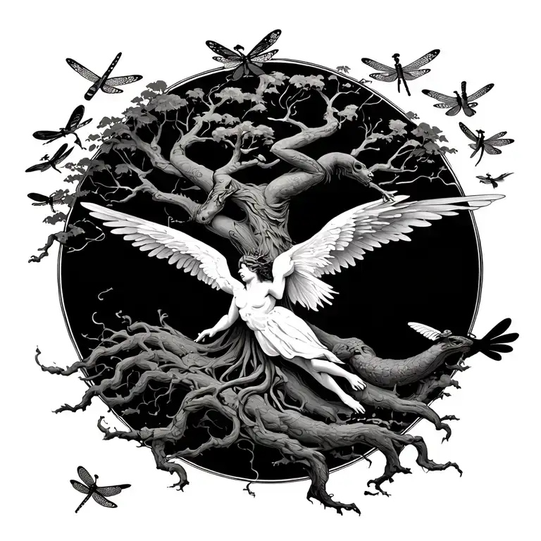 Icarus with poison tree and dragonflies flying tattoo design idea