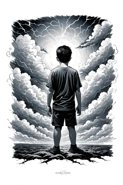 young boy facing backards standing, surrounded by clouds and storm tattoo design idea