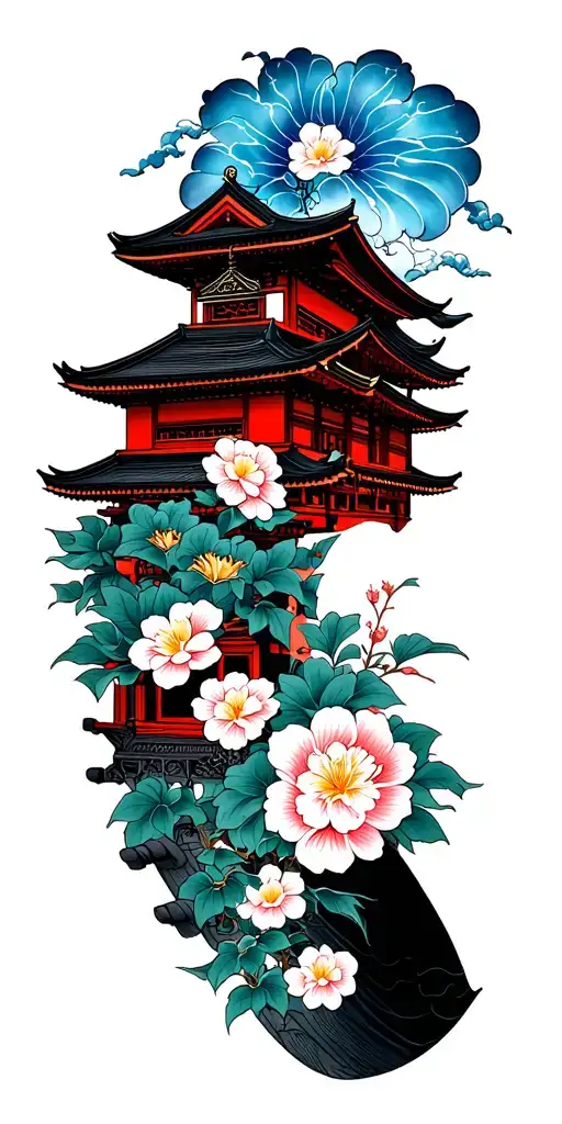 traditional Japanese arm sleeve tattoo buildings samurai flowers tattoo design idea