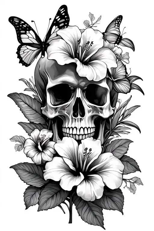 butterflies hibiscus lily flowers with skull hand tattoo tattoo design idea
