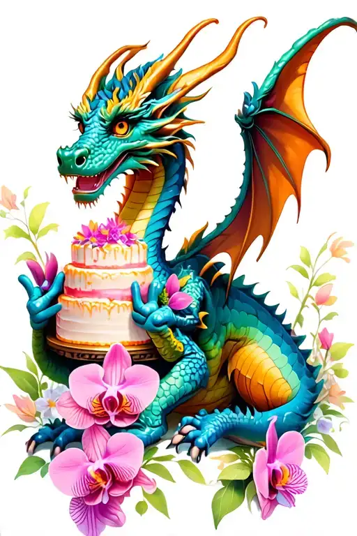 Colorful dragon holding a cake with orchid embellishments tattoo design idea
