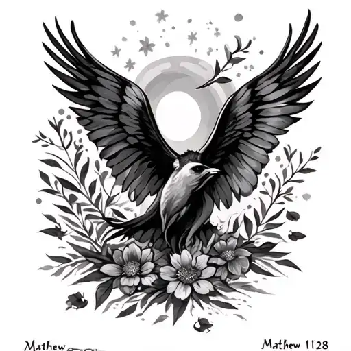 Matthew 11:28 bible verse nature and spiritual  tattoo design idea