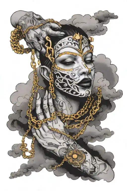 a hand over a mask and out of the hand is diamonds and gold chains floating around on clouds with quote underneath  tattoo design idea