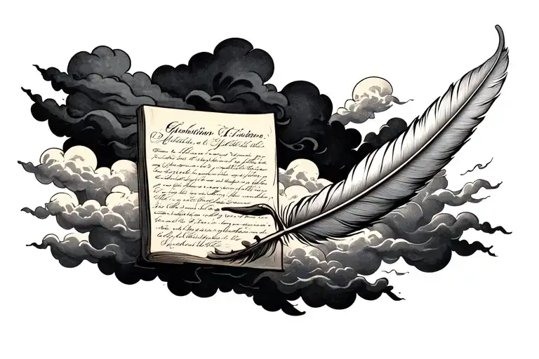first 3 lines of the constitution with a feather on the outside forearm with clouds filling in the space tattoo design idea