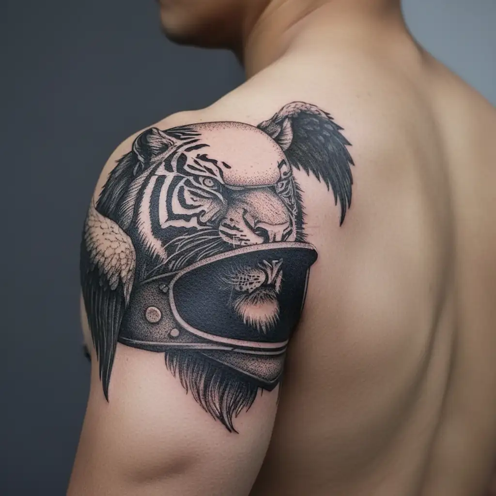 tiger head with jet motorcycle helmet and angel wings tattoo design idea