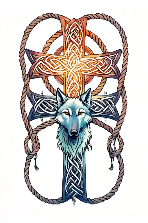 celtic cross with wolf surrounded by knots and rope tattoo design idea