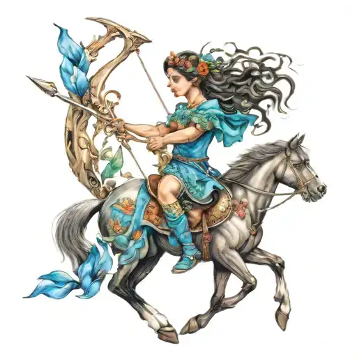 warrior queen Sagittarius fire Archer Jupiter. Turquoise, blue topaz and tanzanite robins narcissus and holly brown hair tattoo design idea