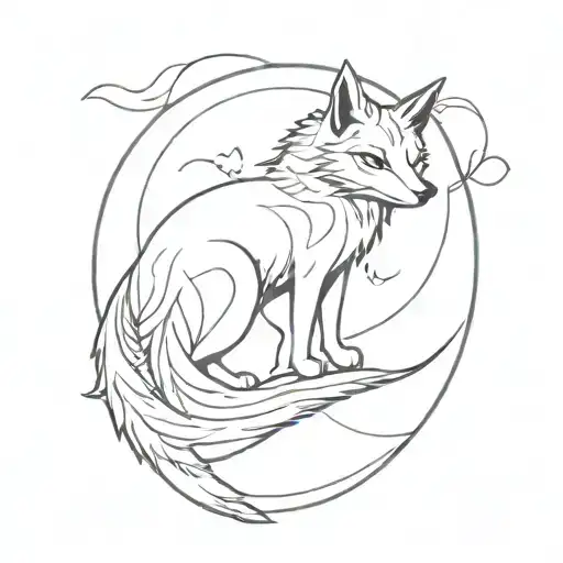 Ouroboros fox with tarot devil in red and blue tones tattoo design idea