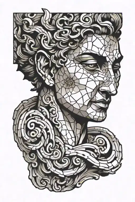 an ancient greek face cracked in two tattoo design idea