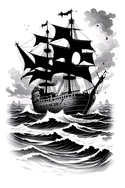 ocean with sea floor with pirate ship at the top in a storm tattoo design idea