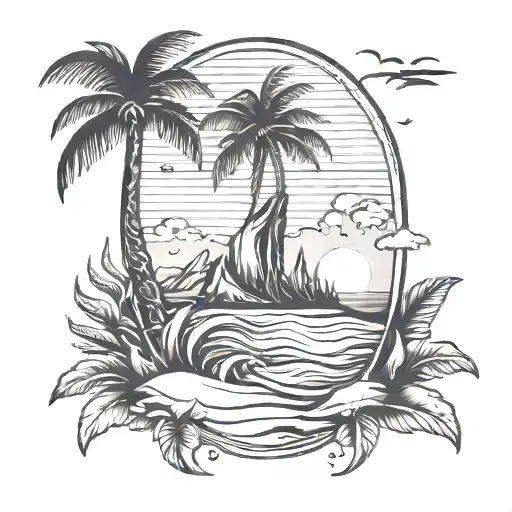 a Shaka outline with a beach scene inside tattoo design idea