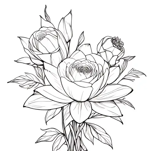 waterlilly, rose, daffodil flower bouquet fine line for spine tattoo design idea