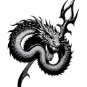 black and grey cyber sigillism trident with a snake dragon face coiling it turning into a rukdraksh tattoo design idea