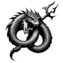 black and grey cyber sigillism trident with a snake dragon face coiling it turning into a rukdraksh tattoo design idea