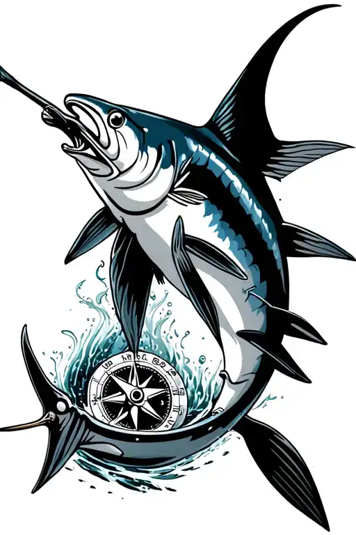 marlin compass tuna fish jumping tattoo design idea