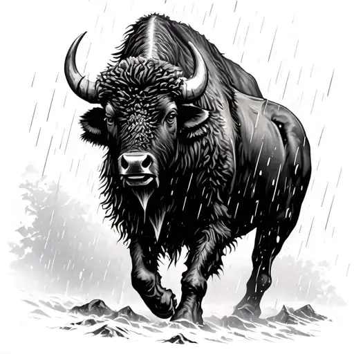 buffalo walking through a storm of rain falling tattoo design idea
