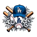 LA dodgers logo floral with baseball cap, baseball bat and baseball glove tattoo design idea