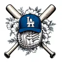 LA dodgers logo floral with baseball cap, baseball bat and baseball glove tattoo design idea