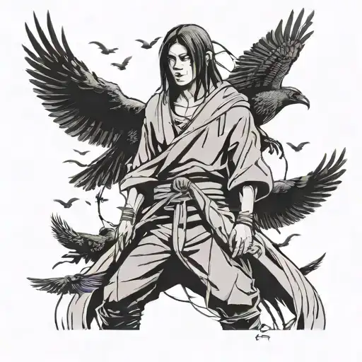 ITACHI UCHIHA STANDING IN CENTRE, FACING FRONT, CROWS EMERGING FROM ALL SIDES, FRONT POV tattoo design idea