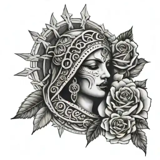 guadalupe with rosary intertwined viking runes, with roses  tattoo design idea