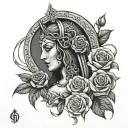 guadalupe with rosary intertwined viking runes, with roses  tattoo design idea