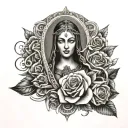 guadalupe with rosary intertwined viking runes, with roses  tattoo design idea