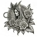 guadalupe with rosary intertwined viking runes, with roses  tattoo design idea