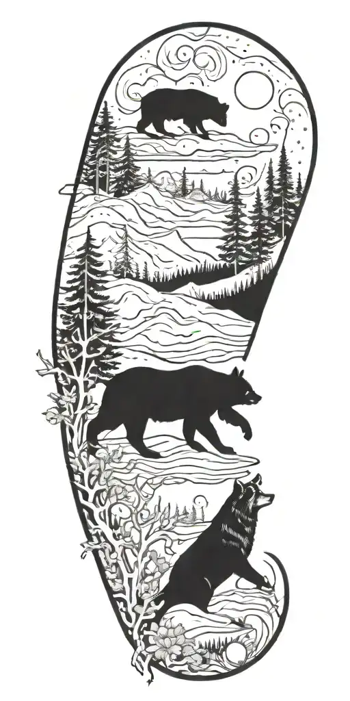 nature, bear, deer, owl, wolf howling at the moon tattoo design idea