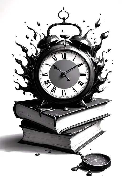 melting clock over old books forming the shape tattoo design idea