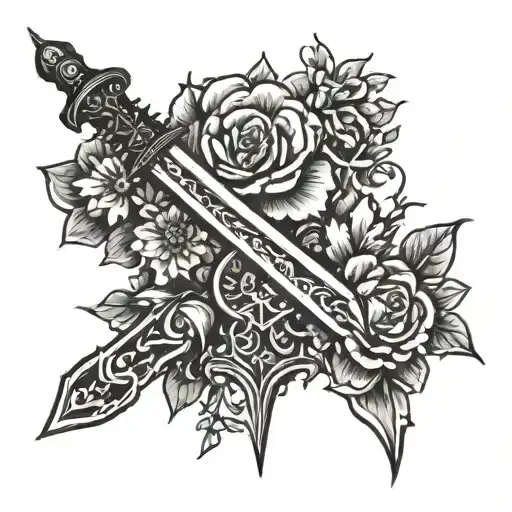 a skinny long spine tattoo with flowers and a sword intertwined tattoo design idea