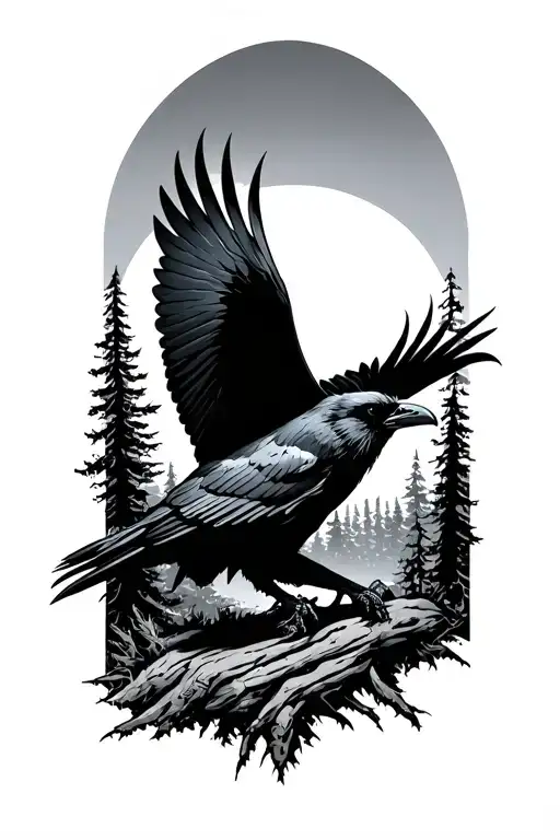 evil crow flying in forest landscape tattoo design idea