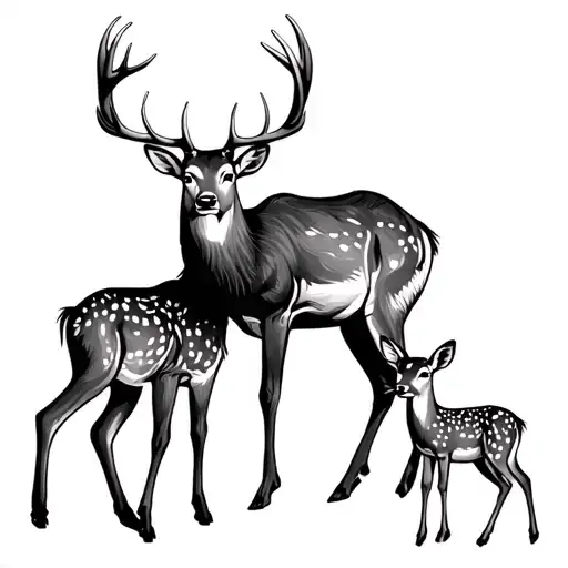 male deer with majestic antlers 2 baby deer by his side tattoo design idea