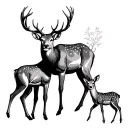male deer with majestic antlers 2 baby deer by his side tattoo design idea