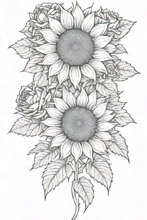large single sunflower surrounded by roses and chrysanthemums flower tattoo design idea